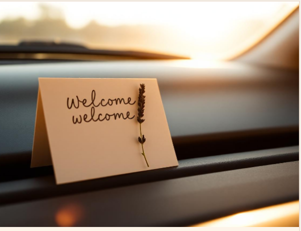 A handwritten welcome card