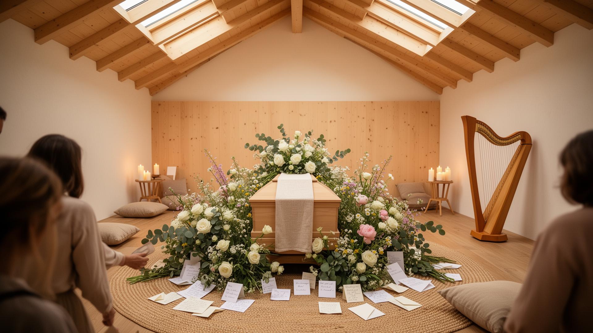 A reimagined funeral sanctuary with wooden ceiling, skylights, raw stone walls and linen curtains