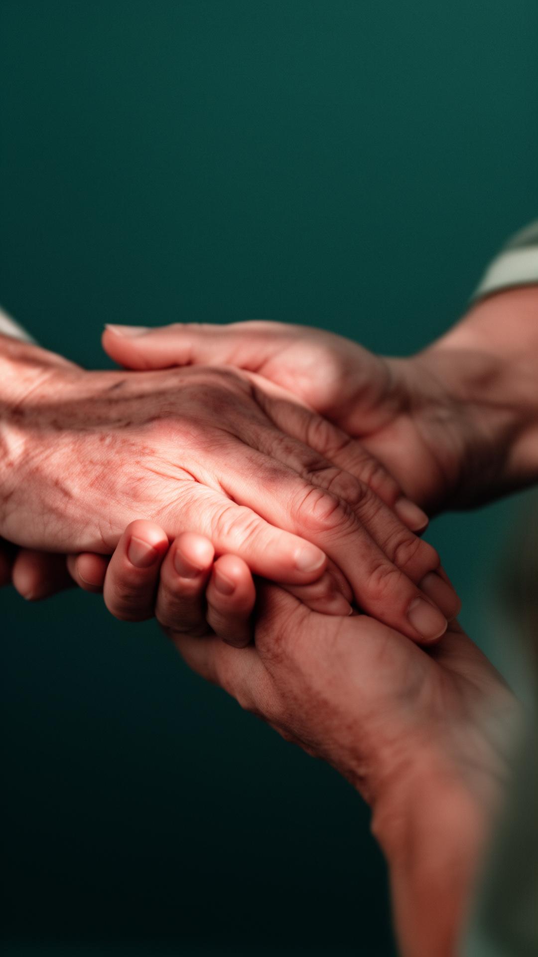 Two pairs of hands held in a tender gesture of care