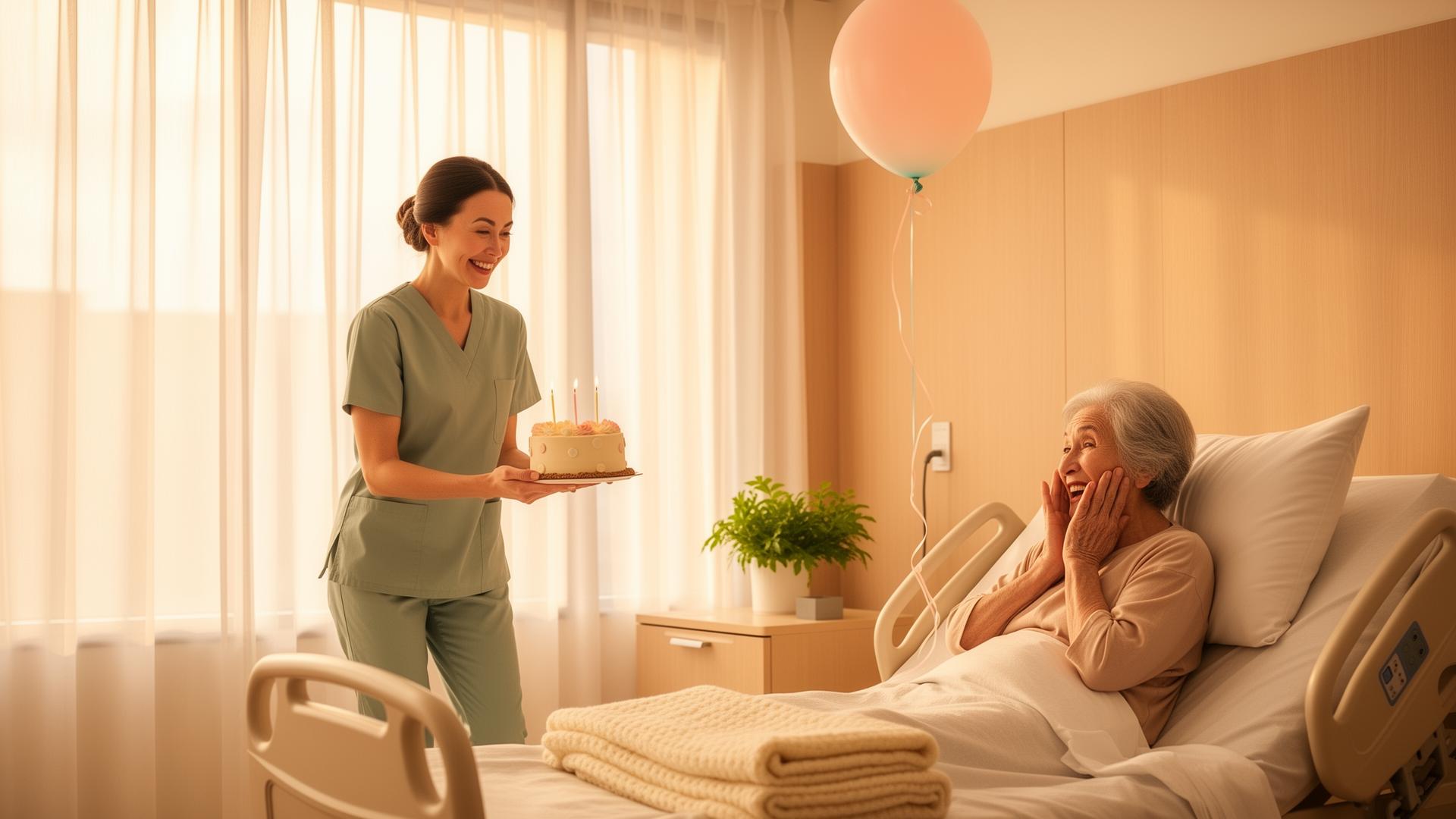 A nurse surprising a patient with a small birthday cake, lit candles and a balloon — they remembered her birthday