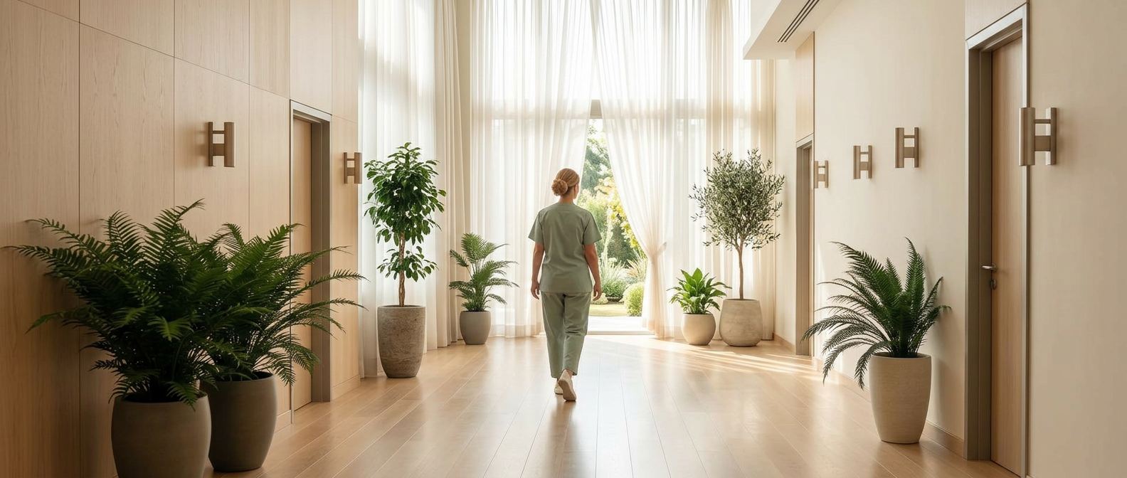 A serene hospital corridor with warm wood, plants and natural light