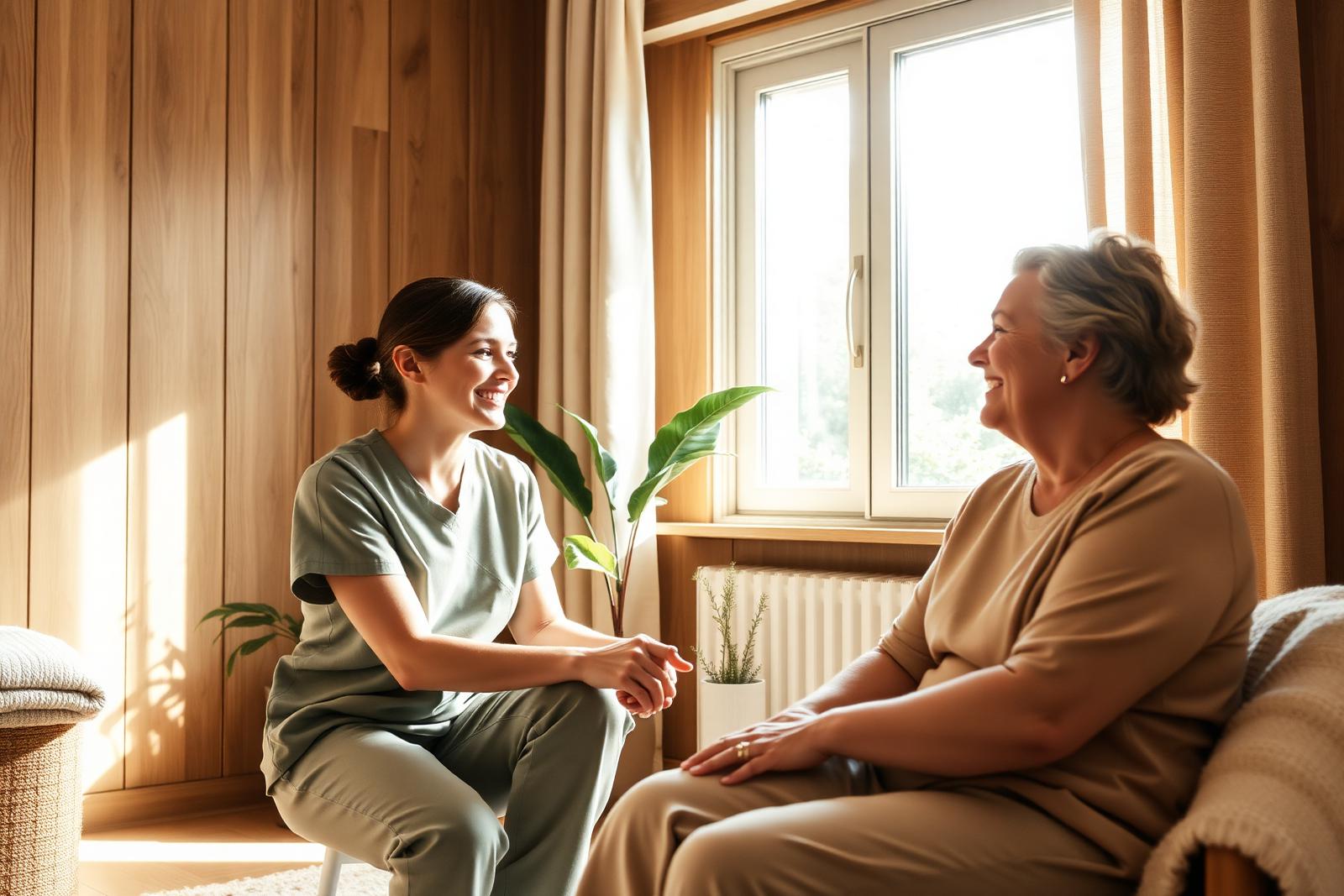 A nurse sitting at eye level smiling with a patient in a sunlit warm room