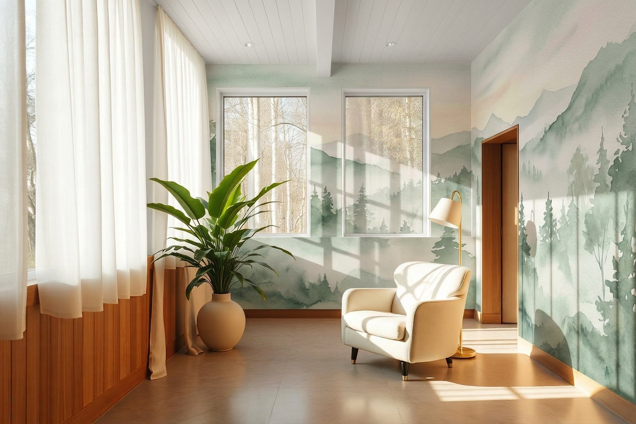 A warm hospital room with oak panelling, linen curtains, plants and natural light