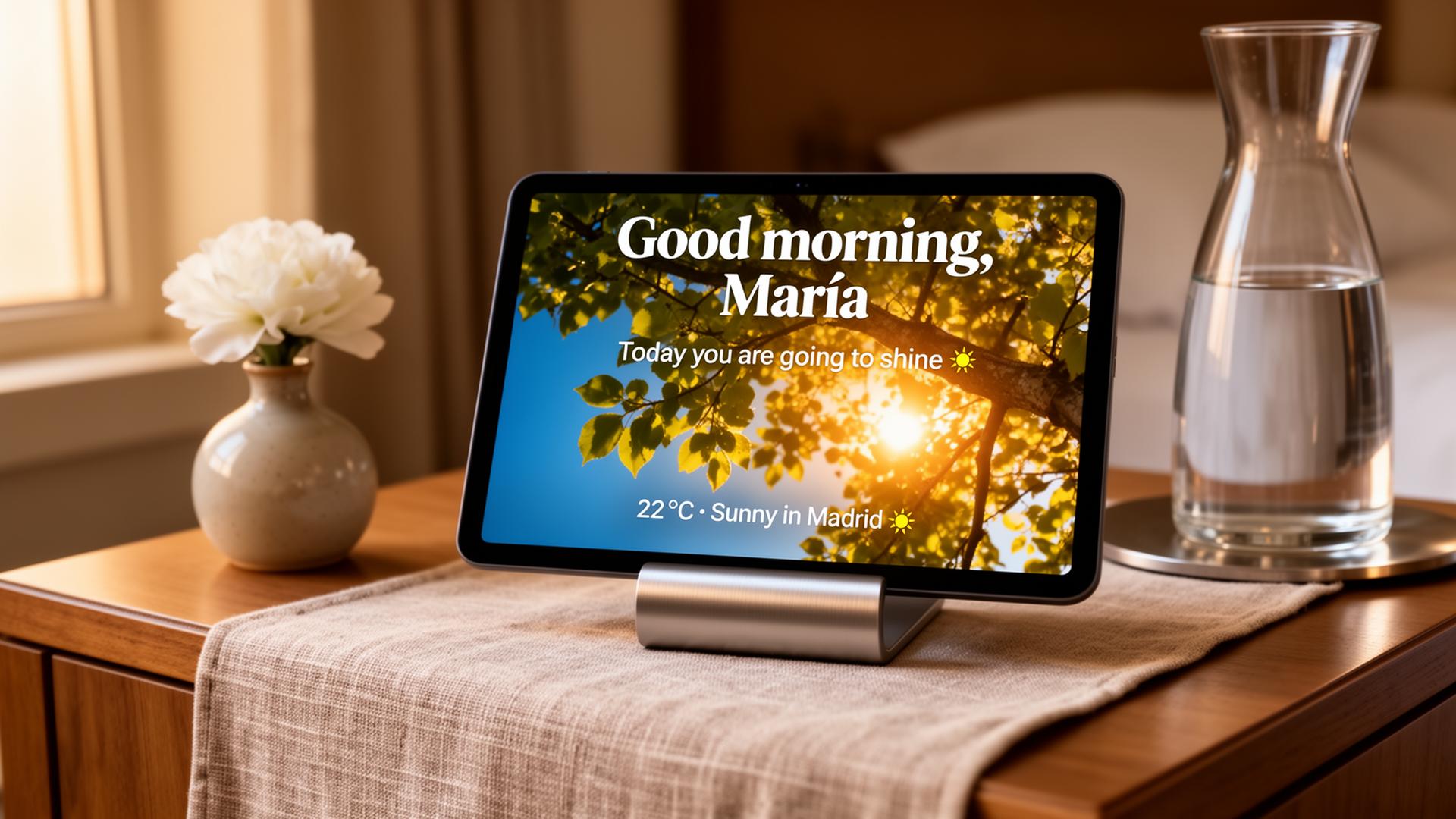 A bedside e-ink screen reading 'Good morning, María — today you're going to shine' with weather