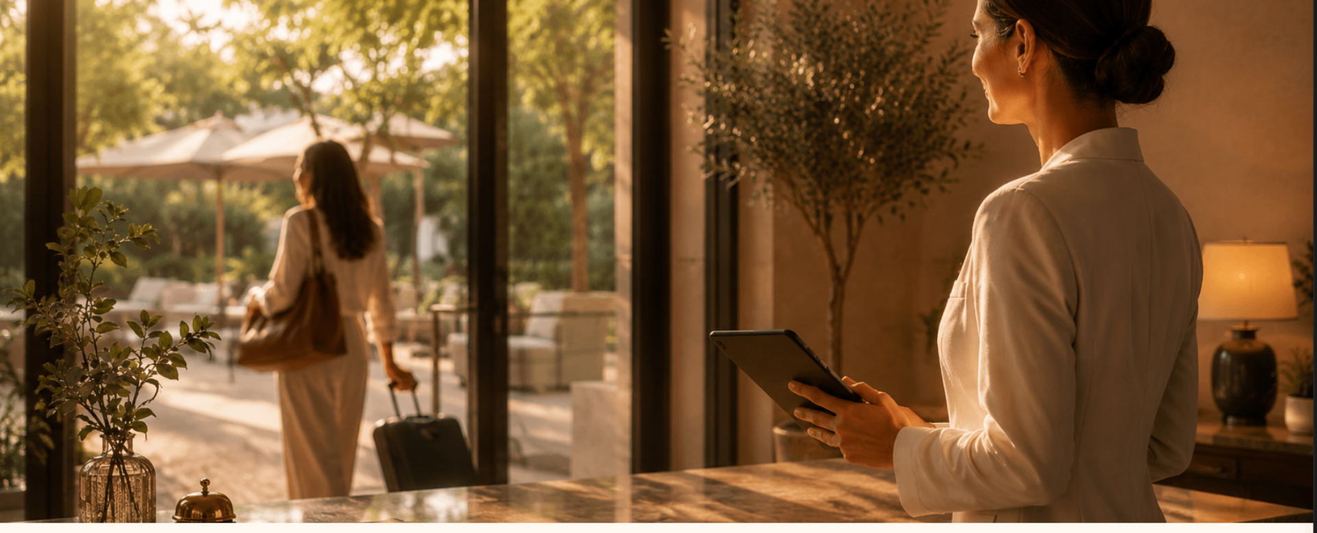 Recepcionista de hotel atendiendo a una huésped con luz cálida al atardecer