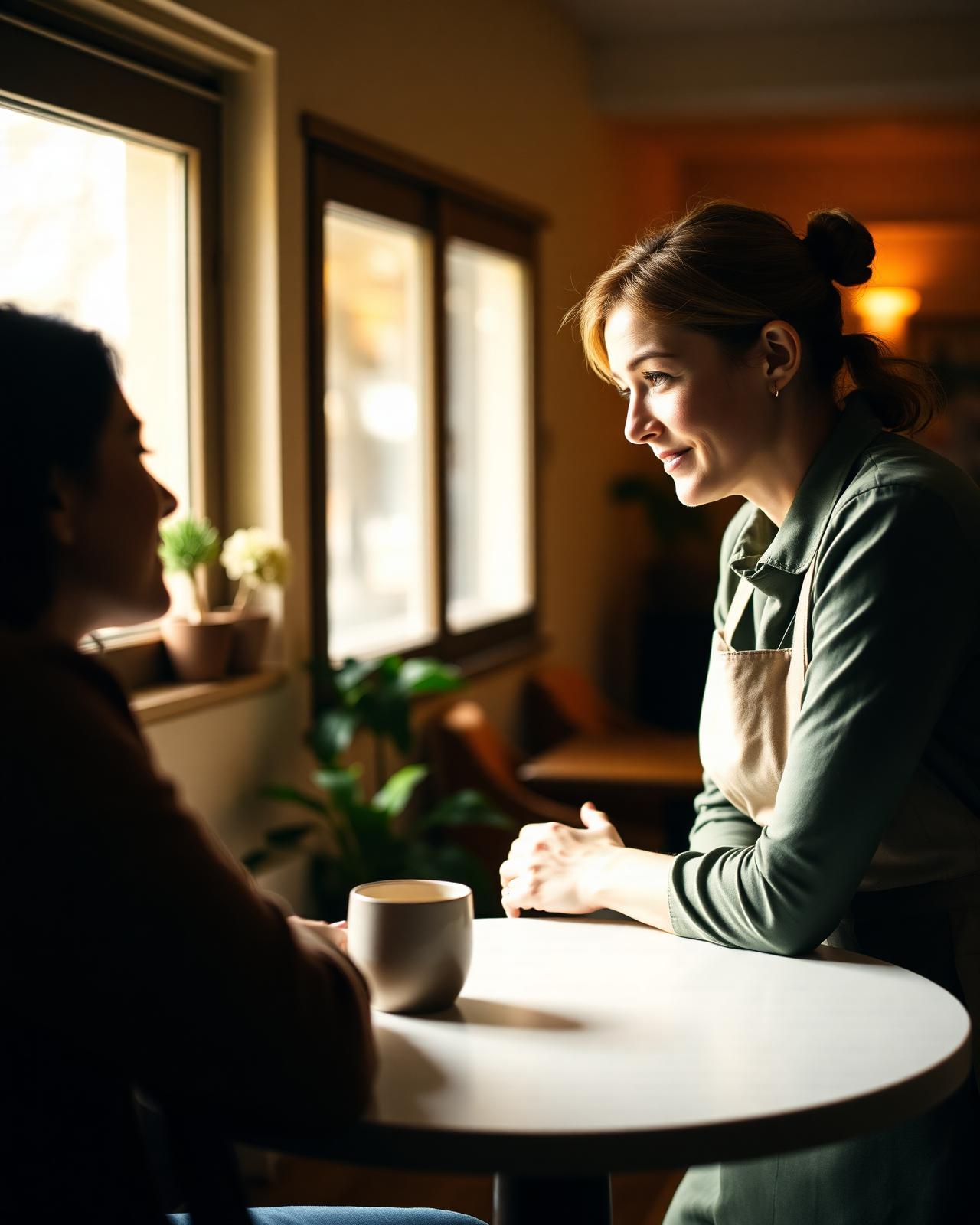 A staff member listening attentively to a customer across a small table, transmitting care