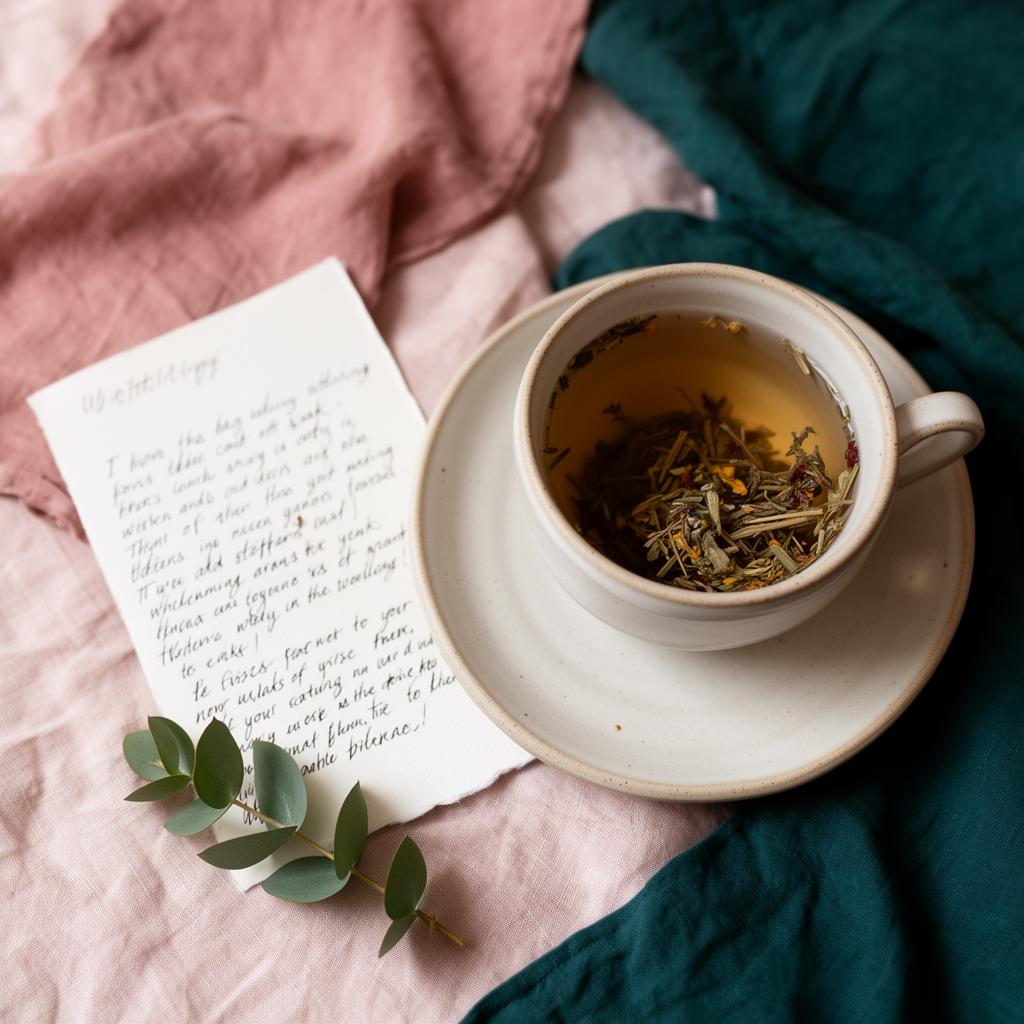 Tea cup, handwritten note and eucalyptus